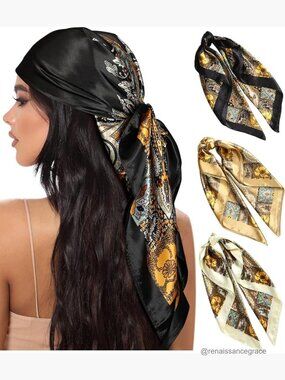 35 Inch Large Square Satin Head Scarf Set of 3 Silk Feeling Bandanas